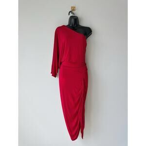 GUESS by Marciano One Shoulder Ruched Red Midi Dress Bodycon Batwing Size Small